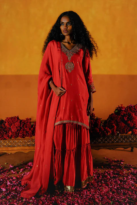 SEMAL KURTA SHARARA DUPATTA SET - RED